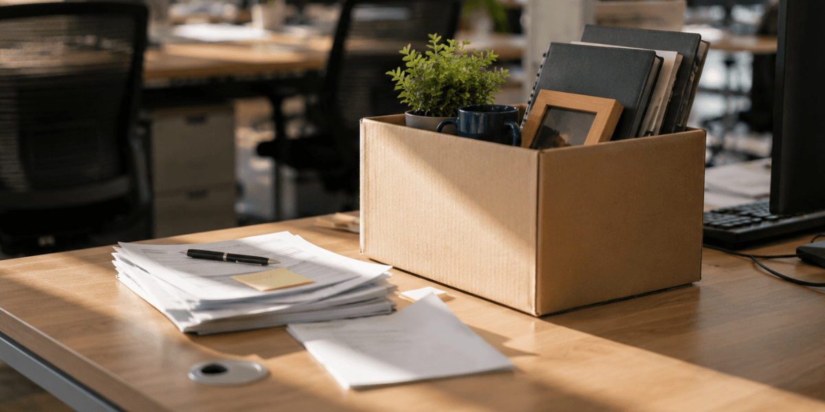 Caixa de papelão com pertences pessoais e papéis organizados sobre mesa de escritório vazia.